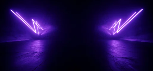 Sci Fi Futuristic Neon Cyber Glowing Ultraviolet Laser Thunderbolt Lights Concrete Grunge Room Underground Hangar Warehouse Stage Empty Space Glossy 3D Rendering © IM_VISUALS