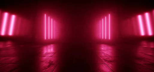 Modern Sci Fi Neon Laser Purple Red Garage Hangar Cyber Lights Glowing On Concrete Rough Floor Empty Background Alien Spaceship Warehouse Underground Tunnel Corridor 3D Rendering © IM_VISUALS