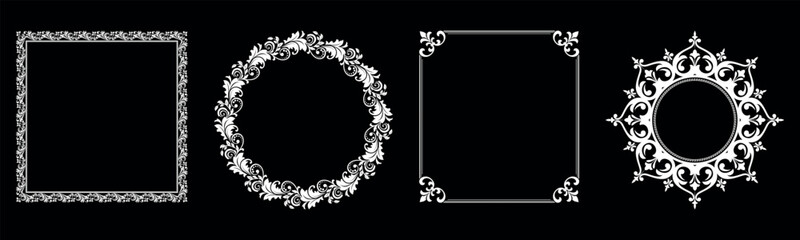 Set of decorative frames Elegant vector element for design in Eastern style, place for text. Floral black and white borders. Lace illustration for invitations and greeting cards.