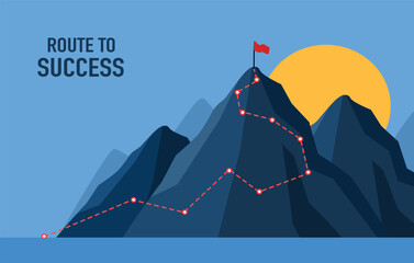 Route to success on blue dark background.Mountain path to the top form lines and dots. Investment business ideas to success goal. - obrazy, fototapety, plakaty