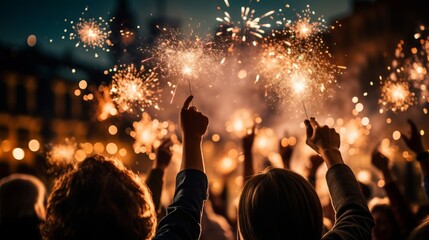 Vibrant nighttime celebration: joyful faces, champagne toasts, bokeh, and fireworks.