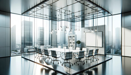 Modern conference room interior with city view and daylight. Generative AI