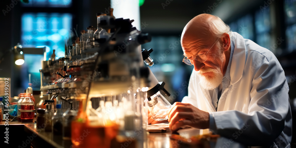 Poster Senior scientist working with microscope in laboratory. Medical research and development concept. Generative AI