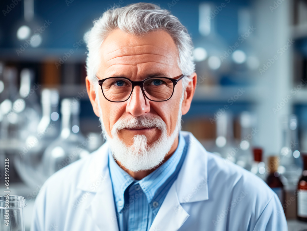 Poster portrait of senior male scientist looking at camera while standing in laboratory. generative ai