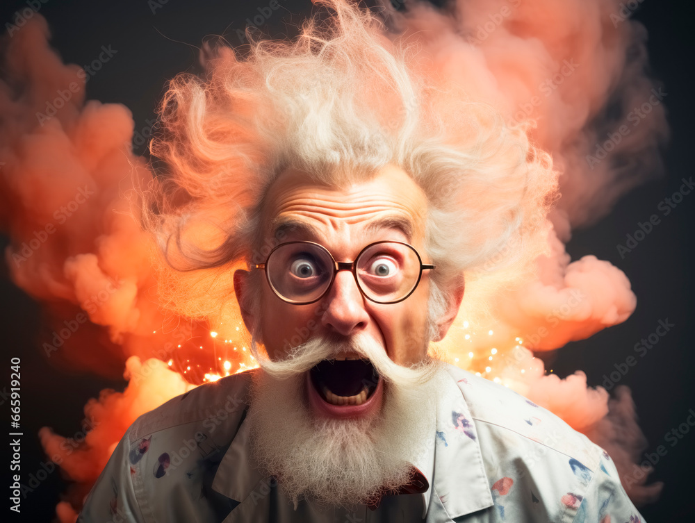 Poster portrait of an old man with a long white beard and mustache in glasses and a shirt on a dark backgro