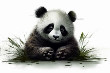adorable happy panda cub, digital artwork on white background. Generative AI