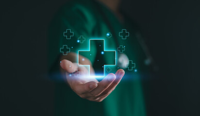 Doctor hand holding virtual medical health care icons with medical network connection. People health care awareness rising growth of medical health and life insurance business.
