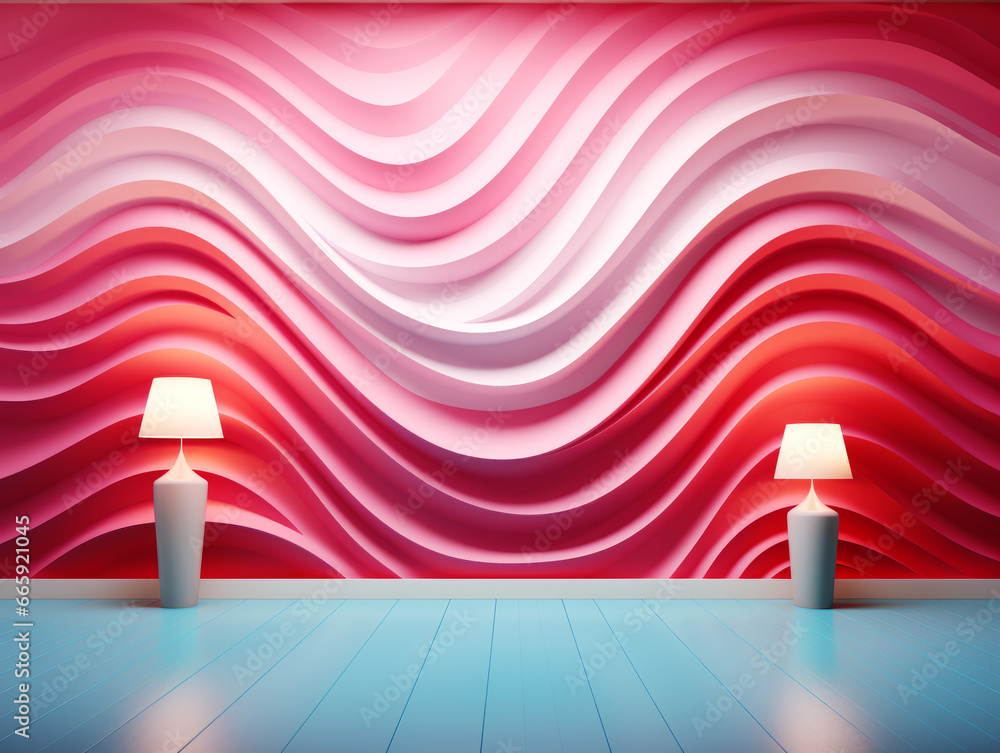 Poster Abstract red background with floor lamp and wave wall. Generative AI