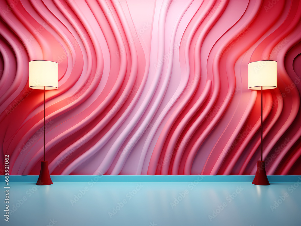Poster Red wavy background with a floor lamp. Generative AI