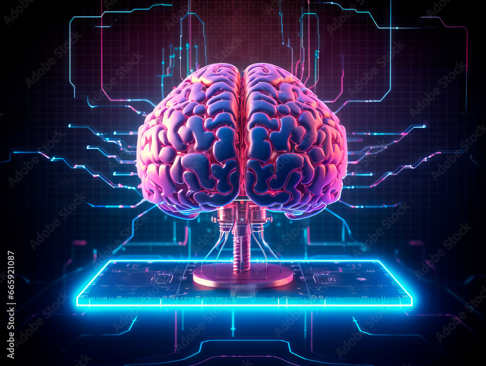 Poster human brain on a circuit board. Machine learning concept. Generative AI