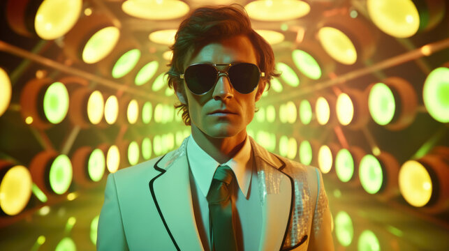 Fashion retro futuristic man in surrealistic 60s-70s disco club culture life style