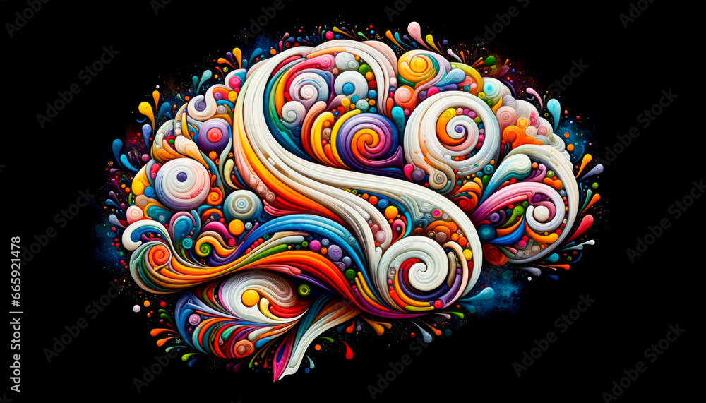 Aufkleber abstract colorful swirls in brain form on black background. Generative AI