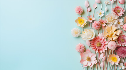 Paper cut flowers on pastel blue background with copy space - obrazy, fototapety, plakaty