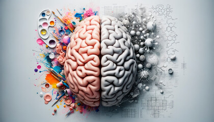 Human brain with colorful paint splashes on white background. Generative AI