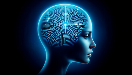 human head with maze in blue light. Generative AI - obrazy, fototapety, plakaty