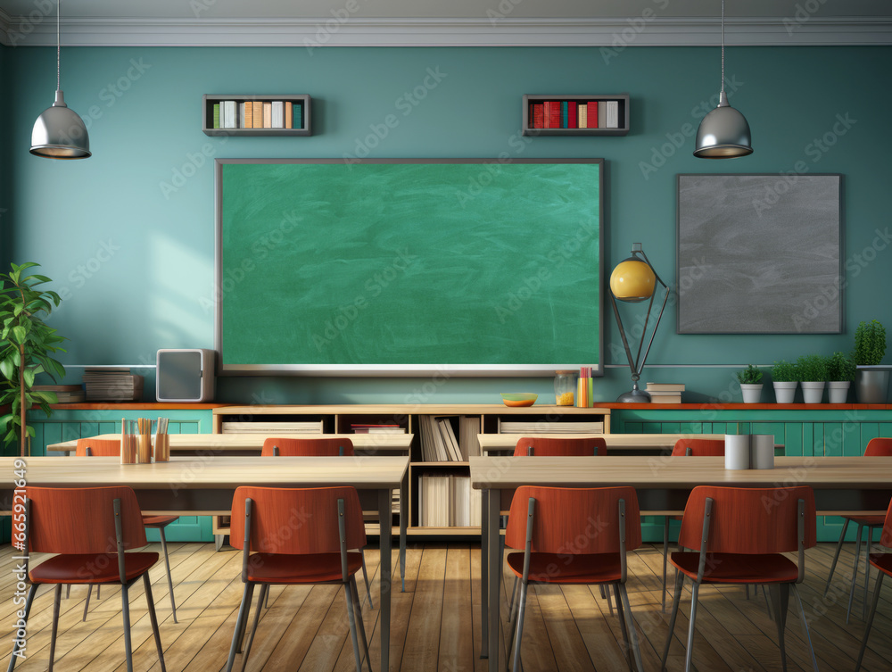 Poster interior of a classroom with a blackboard, chairs and tables. generative ai