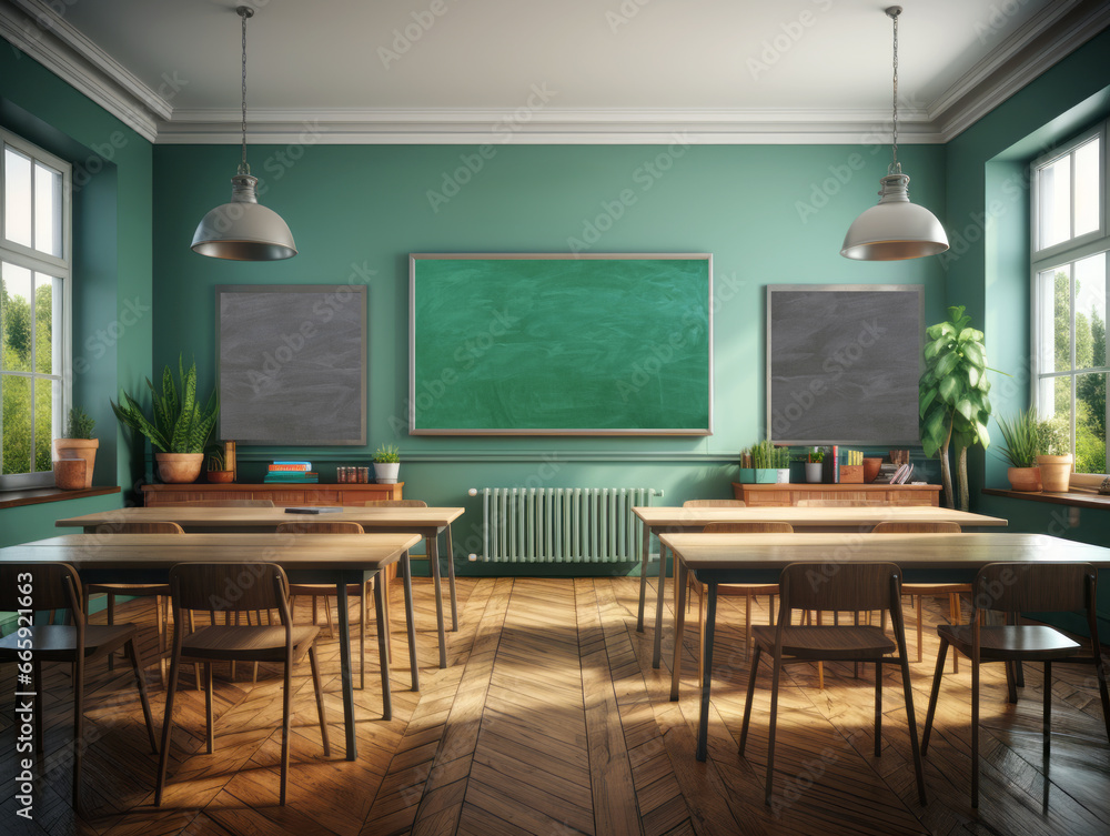 Poster interior of a classroom with a blackboard, chairs and tables at morning. generative ai