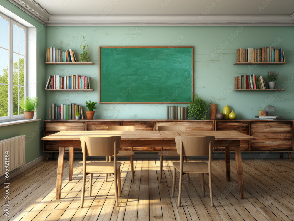Poster interior of modern classroom with green chalkboard. mock up. generative ai