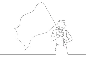 A man with a flag in his hands. Freedom banner. A man holds a flag. A man holds a flag. One continuous line drawing.Linear. Hand drawn,white background.