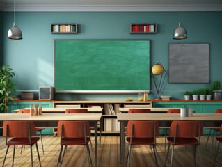Interior of a classroom with a blackboard, chairs and tables. Generative AI - obrazy, fototapety, plakaty