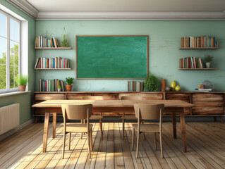 Interior of modern classroom with green chalkboard. Mock up. Generative AI