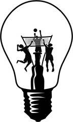 vector silhouette design illustration of playing volleyball in a light bulb