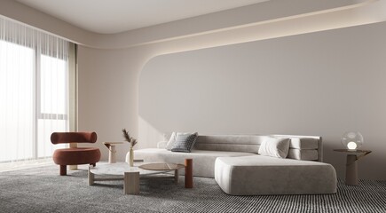 Modern cozy interior of living room with luxury sofa set on empty white color wall background. 3d render