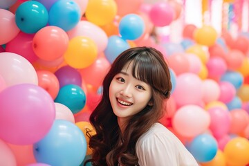 Fototapeta na wymiar Beautiful fashion young Korean girl smiling looking on a camera playing balloons background