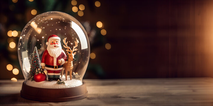 Cute Santa Claus in a snow globe sphere glass bottle decoration on a wooden floor with blur Christmas tree and bokeh lights banner background