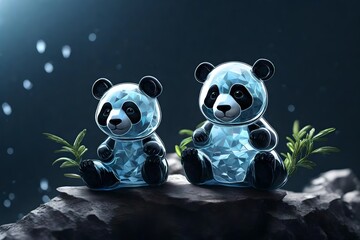 Render an image of a tiny glass panda with intricate, crystalline features