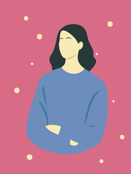 flat minimalist girl illustration with pink background and blue shirt