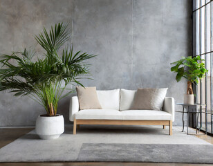 White sofa and potted houseplant against concrete wall. Minimalist home interior design of modern living room, panorama