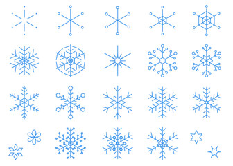 シンプルな青色の雪の結晶の線画イラストセット　ベクター素材　snow crystal　snowflake
