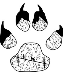 vector silhouette design illustration of a scene in the footprints of a wolf
