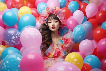 Fototapeta na wymiar Fashion style photo of a beautiful young model Korean girl city mall balloons background 