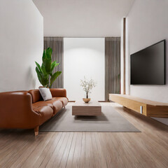 White wall mounted tv on cabinet in living room with leather sofa,minimal design.d rendering
