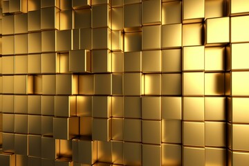 Rectangular wall made of polished mosaic tiles in a glossy, 3D design stacked to form a golden block background. Rendered in 3D. Generative AI