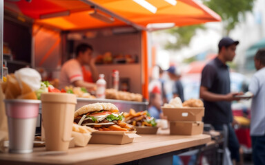 Fototapeta premium food truck in city festival, selective focus