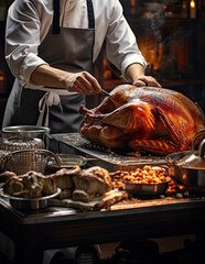 Hands of chef is operating turkey for thanksgiving feast.  - obrazy, fototapety, plakaty