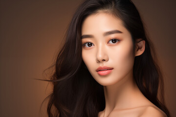Naklejka premium Beautiful young asian woman with clean fresh skin on brown background, Face care, Facial treatment, Cosmetology, beauty and spa, Asian women portrait