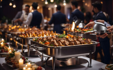 Group of people on catering buffet food indoor in restaurant with grilled meat. Buffet service for any festive event, party, or wedding reception. digital ai - obrazy, fototapety, plakaty