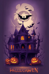 graphic t-shirt design style Halloween haunted house. pumpkin heads. violet background.