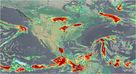 El mapa meteorológico muestra intensas precipitaciones en Norte America, destacando los importantes patrones de lluvia de la región. - obrazy, fototapety, plakaty