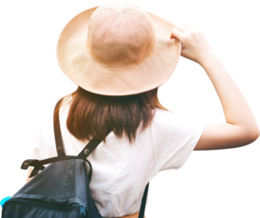 Rear view of young adult traveler woman with hat and backpack isolated transparent background