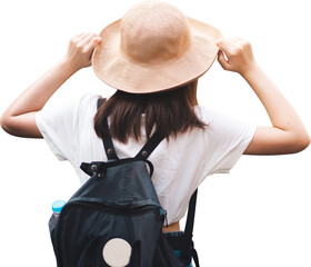 Rear view of young adult traveler woman with hat and backpack isolated transparent background