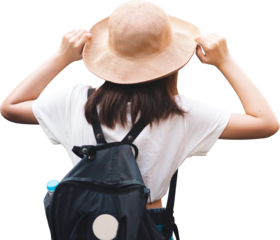 Rear view of young adult traveler woman with hat and backpack isolated transparent background