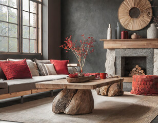 Wood log coffee table near rustic sofa with red cushion and grey and beige pillows against black stucco wall. Japandi home interior design of modern living room with fireplace