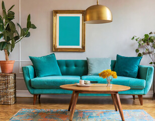 Wooden coffee table near turquoise sofa against wall with frame. Mid-century, retro, vintage style home interior design of modern living room