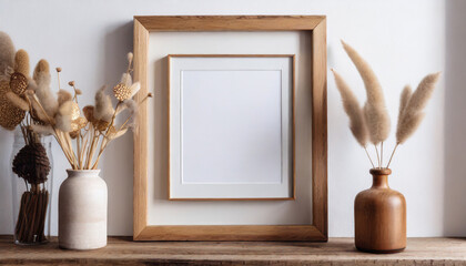 Wooden frame mockup in scandi style interior on white wall background