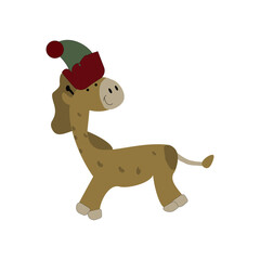 Giraffe in cartoon style with a New Year's hat on his head. 